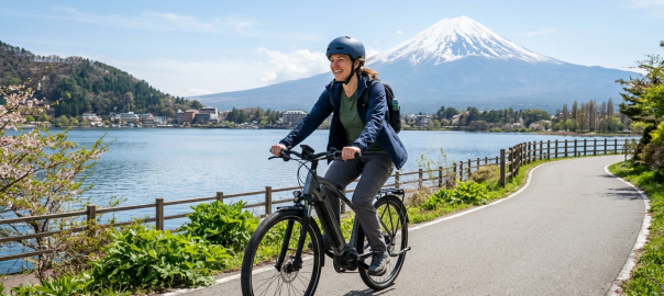 四國河谷林道與湖畔電動輔助單車悠閒巡航（AI 生成示意圖）