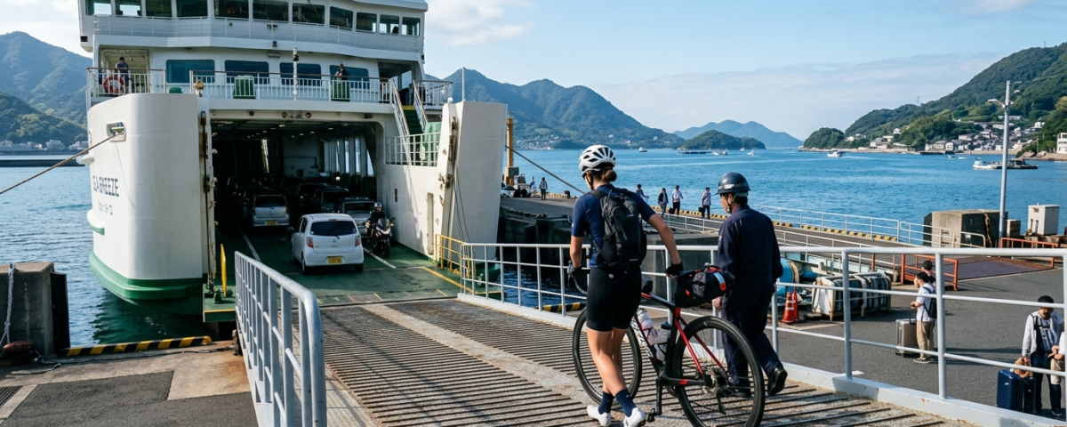騎士牽著公路車經由汽車跳板登上海洋客輪展開跳島旅行(AI 生成示意圖)