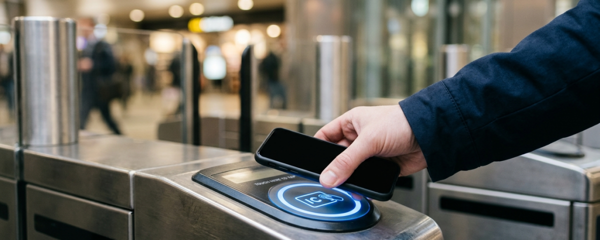 旅人於日本鐵道車站自動驗票閘門使用手機感應Mobile Suica快速過閘(AI 生成示意圖)