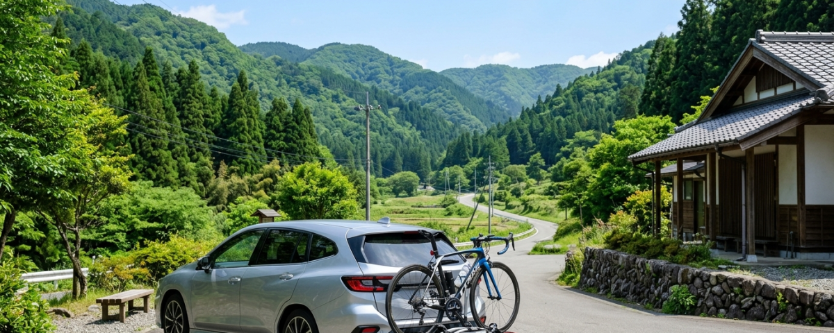 休旅車後背架固定公路車停泊於日本鄉村休息站展開單車自駕旅程（AI 生成示意圖）