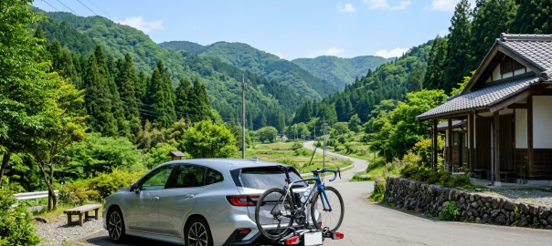 休旅車後背架固定公路車停泊於日本鄉村休息站展開單車自駕旅程（AI 生成示意圖）