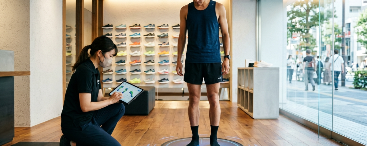 跑者於日本專業跑鞋專門店進行3D動態光學足測與足底壓力分佈分析（AI 生成示意圖）