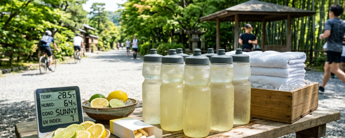 日本戶外運動水合補給站提供冰涼水壺、電解質發泡錠、冰毛巾與數位環境溫濕度監測(AI 生成示意圖)