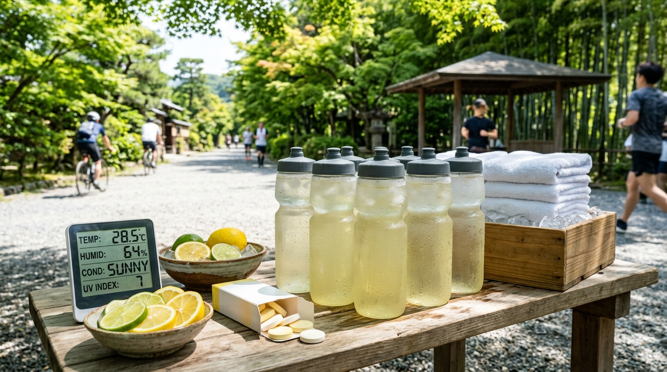 日本戶外運動水合補給站提供冰涼水壺、電解質發泡錠、冰毛巾與數位環境溫濕度監測(AI 生成示意圖)