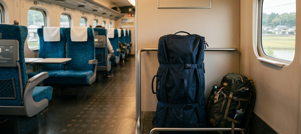 公路車完整裝入深藍色攜車袋妥善收納於日本特急新幹線車廂大型行李空間（AI 生成示意圖）