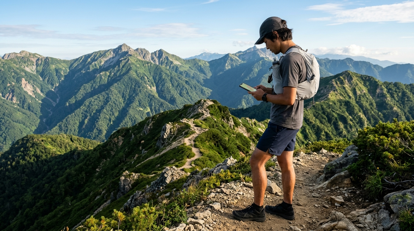 越野跑者於日本高山稜線使用智慧型手機離線登山GPS地圖確認路徑(AI 生成示意圖)
