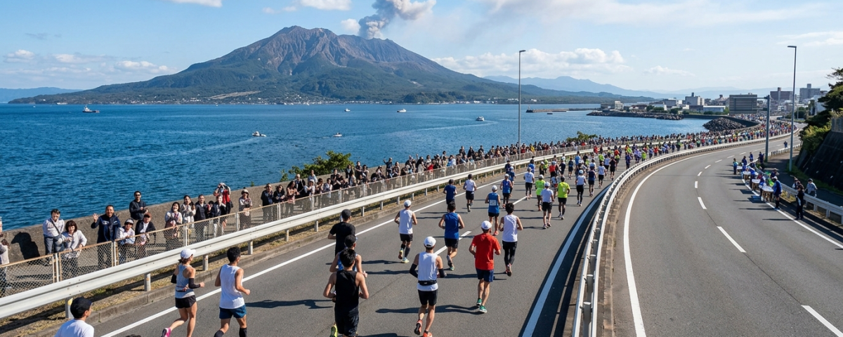 跑者群奔馳於鹿兒島錦江灣海岸公路直擊櫻島活火山噴煙奇景(AI 生成示意圖)