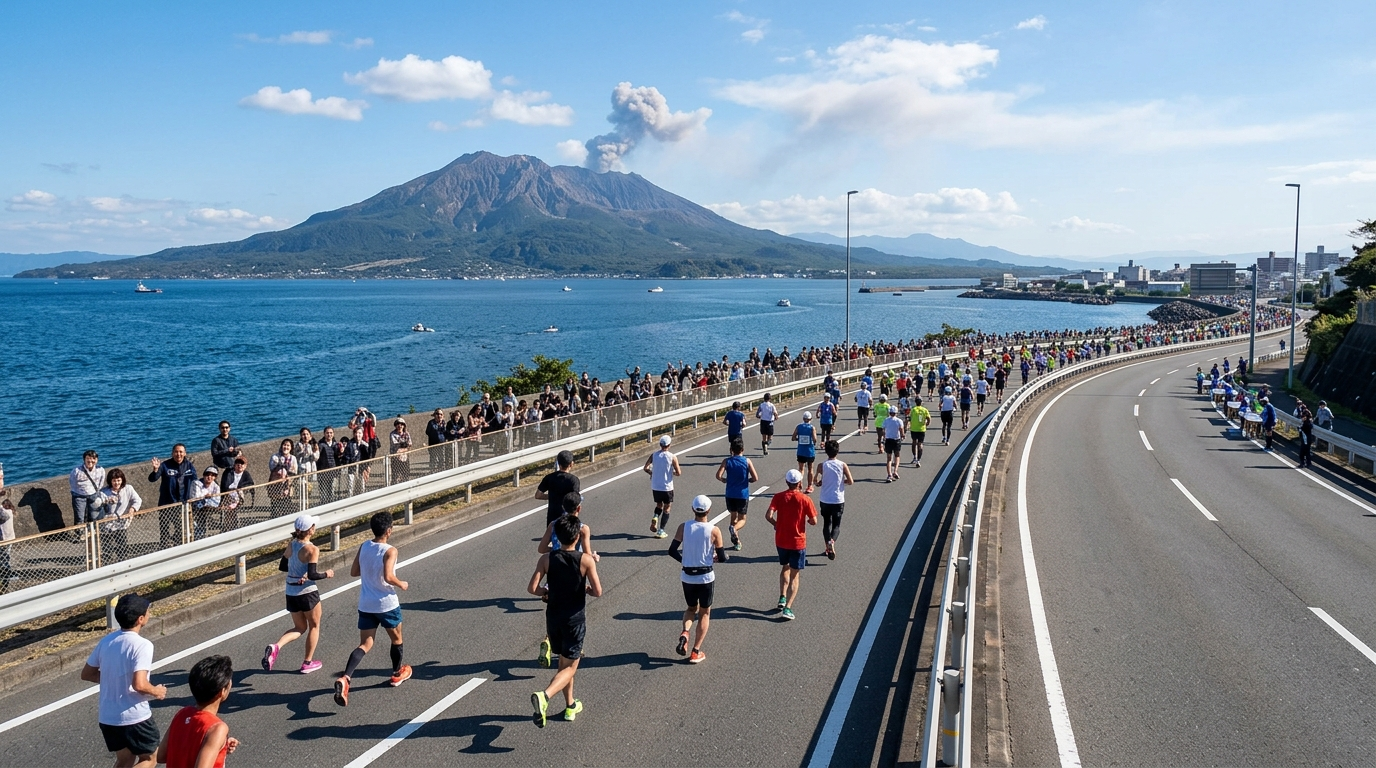 跑者群奔馳於鹿兒島錦江灣海岸公路直擊櫻島活火山噴煙奇景(AI 生成示意圖)