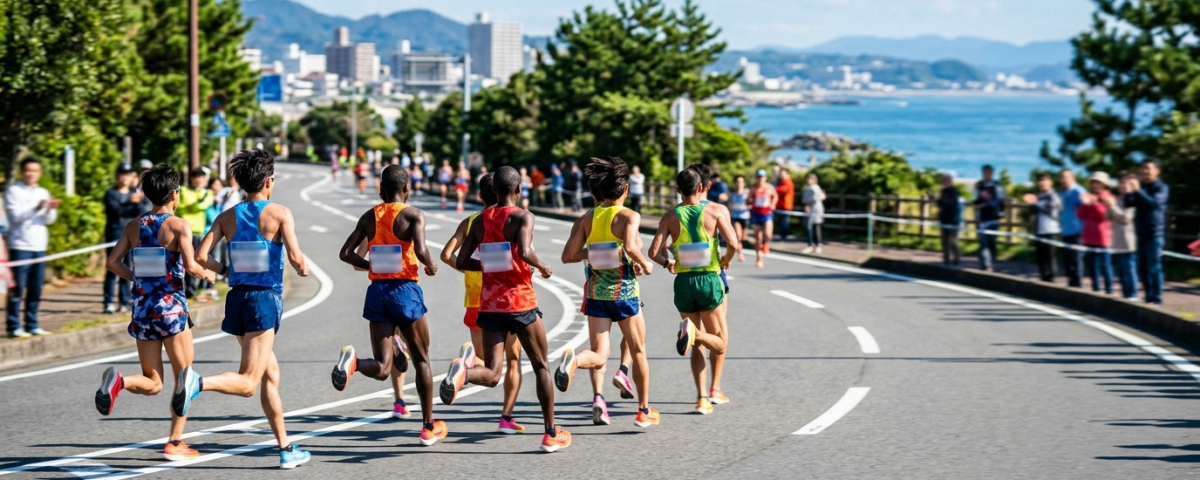 跑者集團奔馳於茨城勝田全國馬拉松寬闊柏油賽道遠眺海岸風光(AI 生成示意圖)
