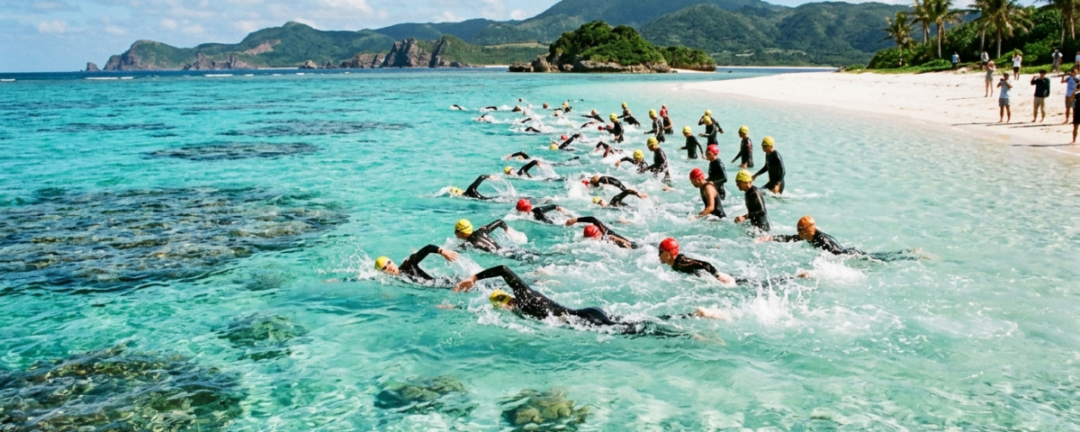 鐵人三項選手於沖繩久米島清澈見底的珊瑚礁白砂海域破浪出發海泳(AI 生成示意圖)