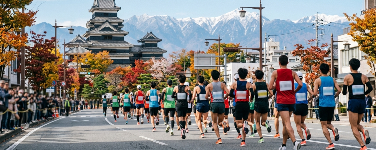 跑者群奔馳於長野松本市區賽道遠眺雄偉國寶松本城與北阿爾卑斯連峰(AI 生成示意圖)
