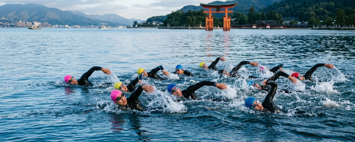 鐵人三項選手於廣島宮島瀨戶內海海灣展開海泳背景為嚴島神社紅色大鳥居（AI 生成示意圖）