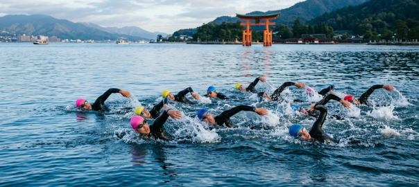 鐵人三項選手於廣島宮島瀨戶內海海灣展開海泳背景為嚴島神社紅色大鳥居（AI 生成示意圖）