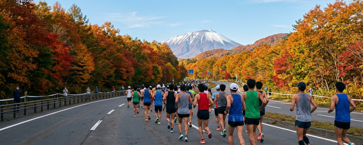 跑者集團奔馳於盛岡城市馬拉松林蔭公路遠眺雪白岩手山雄姿(AI 生成示意圖)