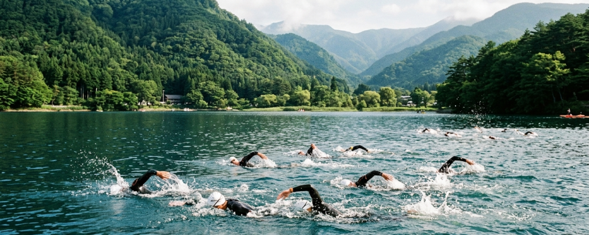 鐵人三項選手於長野野尻湖清澈高山淡水湖破浪海泳遠眺妙高連峰(AI 生成示意圖)
