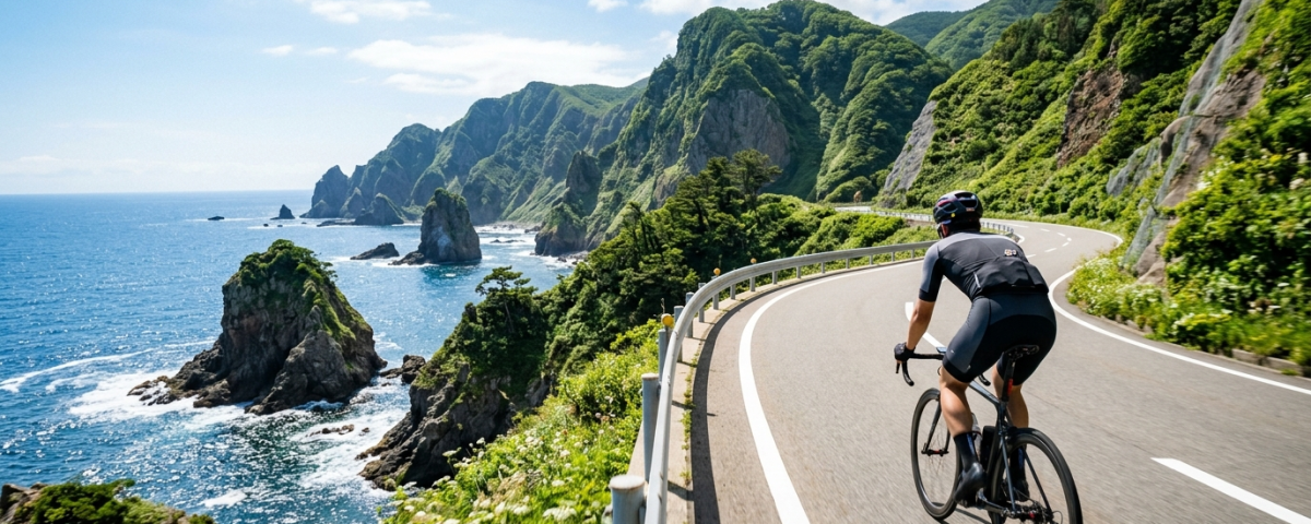 單車騎士騎乘公路車奔馳於新潟佐渡島尖閣灣海蝕斷崖海岸遠眺日本海(AI 生成示意圖)