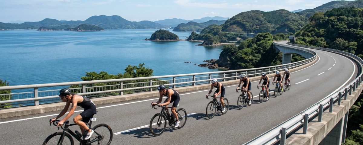 鐵人三項選手騎乘公路車沿著長崎西海大橋跨海公路與大村灣海灣奔馳（AI 生成示意圖）