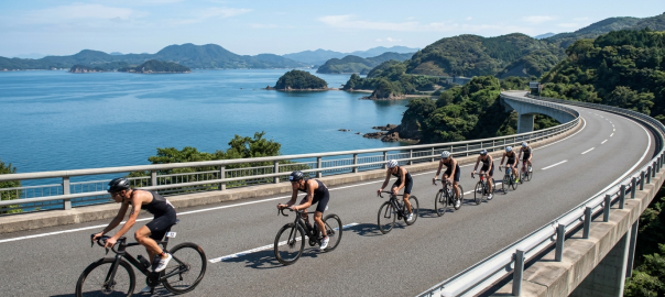 鐵人三項選手騎乘公路車沿著長崎西海大橋跨海公路與大村灣海灣奔馳（AI 生成示意圖）