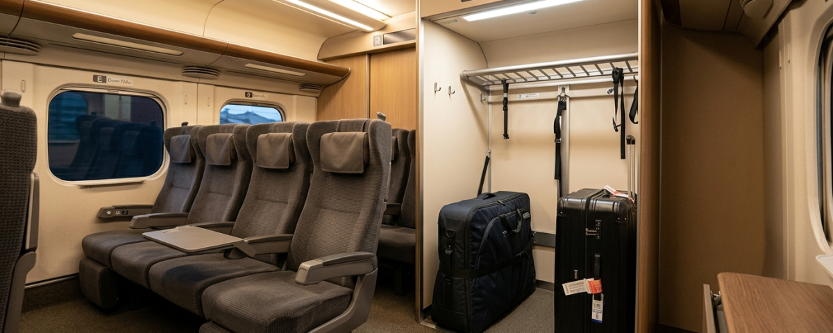 日本新幹線特大荷物專用行李放置區擺放大型行李箱與單車袋(AI 生成示意圖)