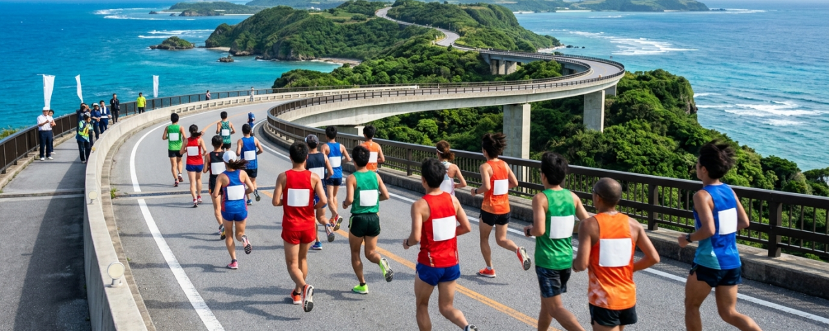 跑者群奔馳於沖繩尚巴志馬拉松Nirai Kanai跨海大橋俯瞰蔚藍太平洋（AI 生成示意圖）
