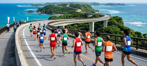 跑者群奔馳於沖繩尚巴志馬拉松Nirai Kanai跨海大橋俯瞰蔚藍太平洋（AI 生成示意圖）