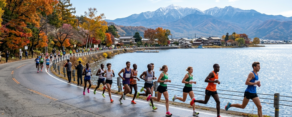 跑者集團奔馳於長野諏訪湖畔平坦環湖柏油跑道遠眺八岳連峰秋景(AI 生成示意圖)