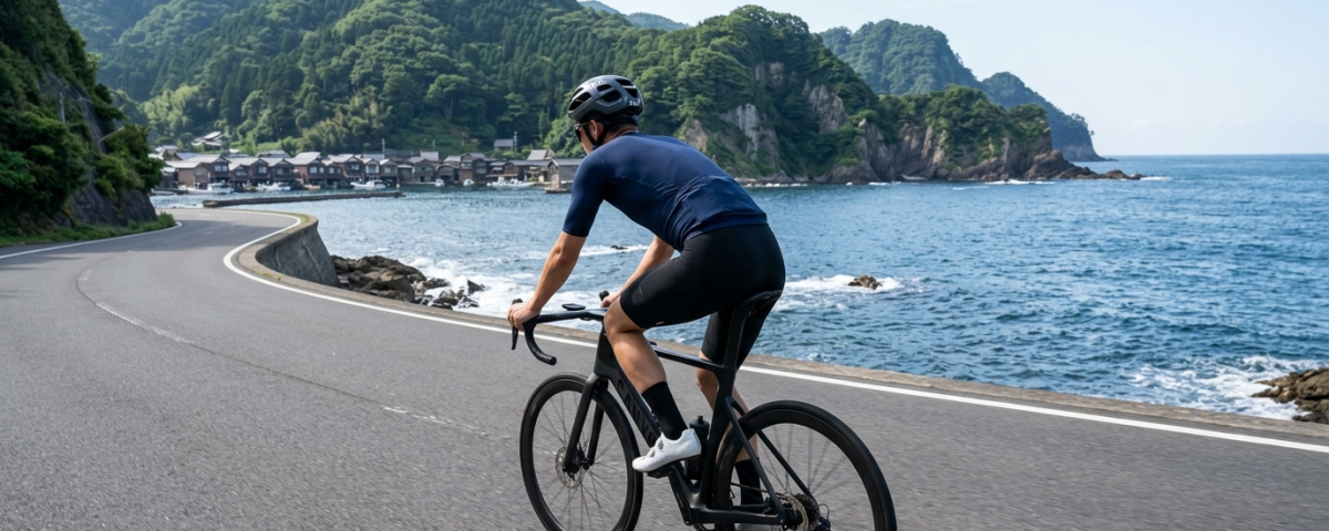 單車騎士騎乘公路車奔馳於京都丹後半島濱海公路遠眺蔚藍日本海與伊根舟屋(AI 生成示意圖)