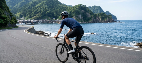 單車騎士騎乘公路車奔馳於京都丹後半島濱海公路遠眺蔚藍日本海與伊根舟屋（AI 生成示意圖）