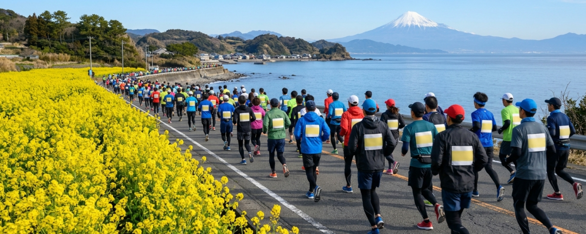 跑者集團奔馳於千葉館山若潮馬拉松金黃油菜花道遠眺富士山雪景(AI 生成示意圖)