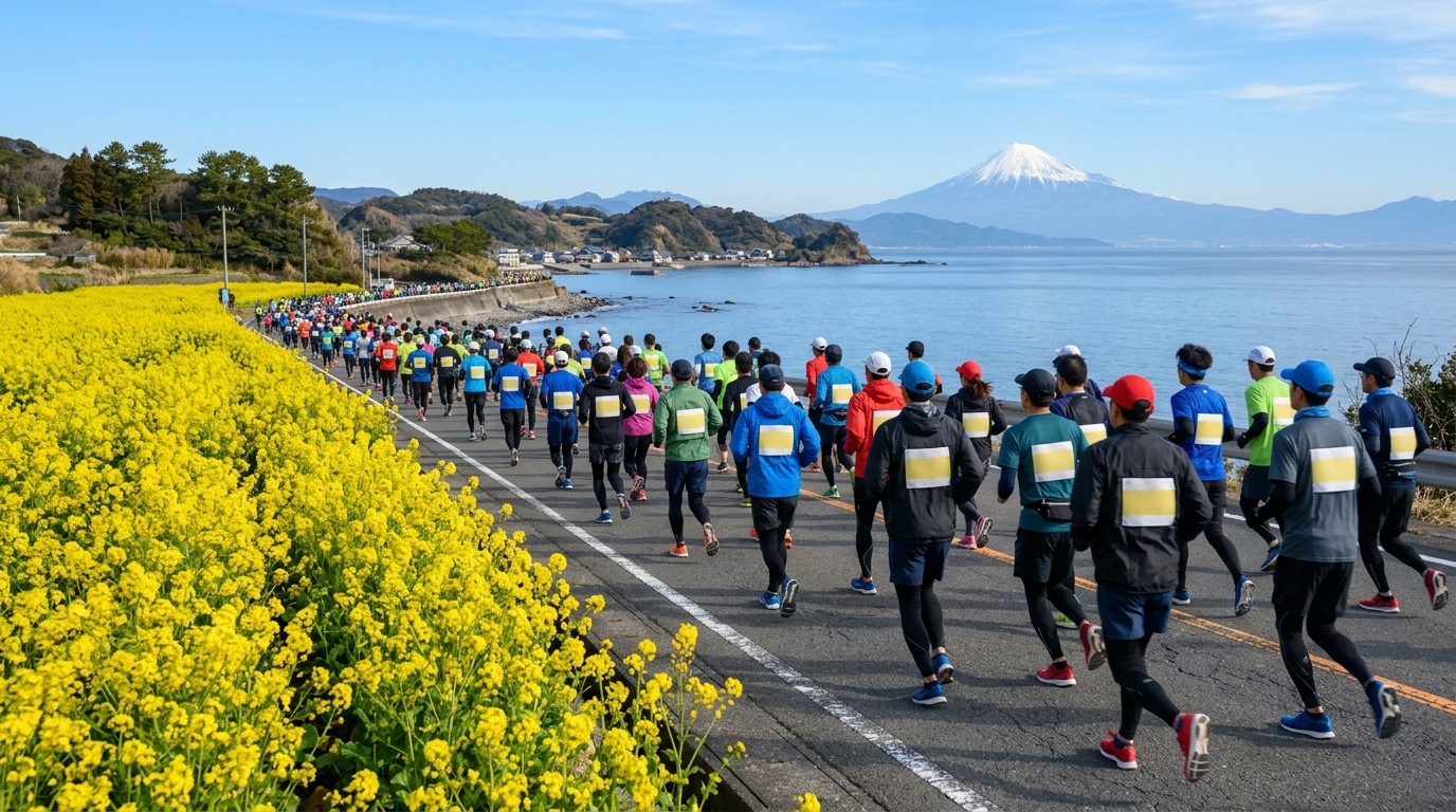 跑者集團奔馳於千葉館山若潮馬拉松金黃油菜花道遠眺富士山雪景(AI 生成示意圖)