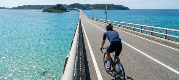 單車騎士騎乘公路車奔馳於山口角島大橋遠眺翡翠綠清澈日本海（AI 生成示意圖）